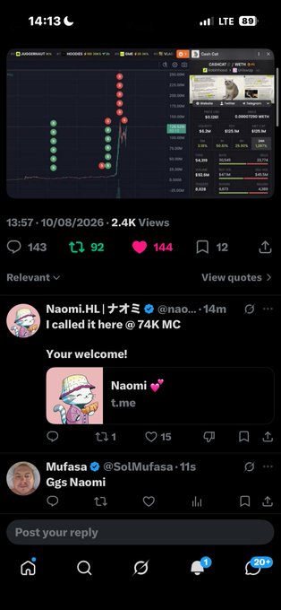 The image shows a TikTok video screen featuring a stock/crypto chart with red and green candles, alongside a tweet from Naomi (@nao_naomi) stating "I called it here @74K MC" followed by "Your welcome!" with a 15-heart comment, while a user named Mufasa (@SolMufasa) replied "Ggs Naomi." The chart appears to document a price surge that Naomi predicted, connecting to the post's gratitude for the call's accuracy.