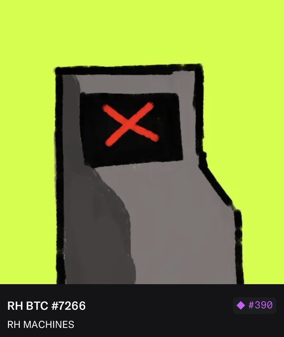 A digital illustration of a gray arcade machine with a red 'X' on its screen, set against a chartreuse background, tagged 'RH BTC #7266' and 'RH MACHINES' with a diamond marker showing '#390'.