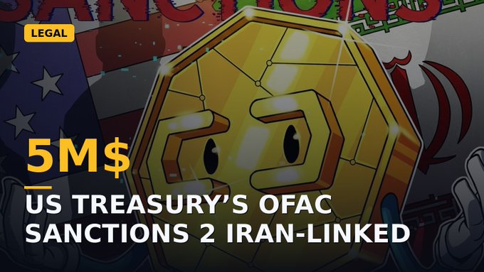 A graphic from BeInCrypto features a yellow cartoon coin character with the text '5M$' and 'US TREASURY'S OFAC SANCTIONS 2 IRAN-LINKED' overlaid on a background of US flags.