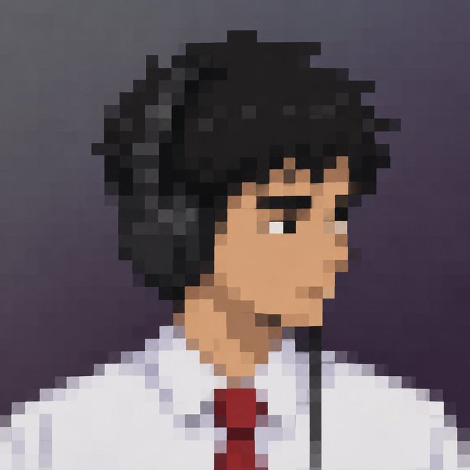 A pixel art image of a person with dark hair wearing a white shirt and red tie.