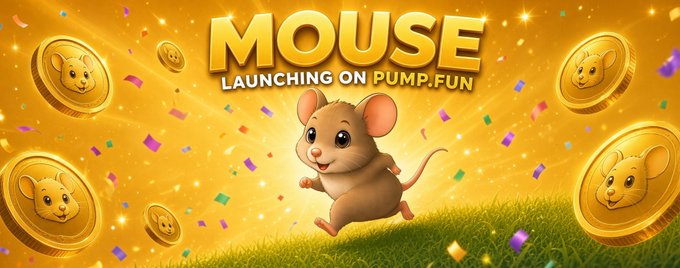 Promotional graphic with golden 3D coins featuring mouse faces, confetti, and a cartoon mouse character with text reading 'MOUSE LAUNCHING ON PUMP.FUN'.