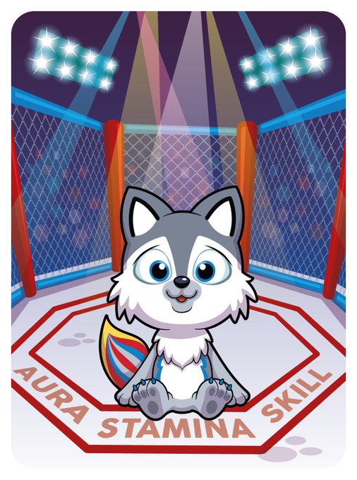 A cartoon chibi-style husky sits in an MMA octagon with stage lights above, with the words 'AURA STAMINA SKILL' written on the mat.