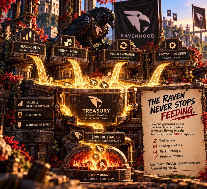 A fantasy-themed promotional graphic for 'Ravenhood' showing a raven above a 'TREASURY' diagram with sections labeled 'TRADING FEES,' 'LENDING MARKETS,' 'FLOCK EXCHANGE,' and 'PROTOCOL REVENUE,' with text reading 'THE RAVEN NEVER STOPS FEEDING.'