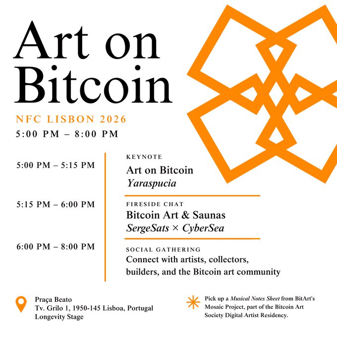 The image features a poster for an event called "Art on Bitcoin" that will take place at NFC Lisbon, Portugal from June 5th to 8th, 2016. The poster includes details about the event such as the time of day (5:15 PM - 8:00 PM) and the location (NFC Lisbon). It also mentions a focus on native art, cultural preservation, artist residencies, and the growing cultural layer of Bitcoin.