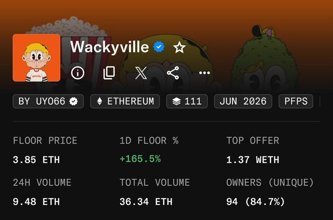 A screenshot of an NFT collection page titled 'Wackyville' on Ethereum, showing a floor price of 3.85 ETH, a 1D floor change of +165.5%, 24H volume of 9.48 ETH, and 94 unique owners.