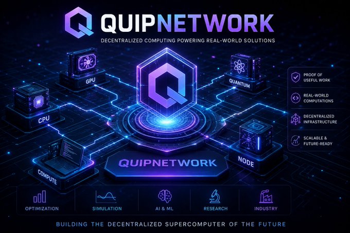 The image features a poster for QuipNetwork, which is an organization dedicated to creating a more efficient and secure blockchain system. The poster showcases their Proof of Use concept, highlighting that only a small amount of computing power is required to secure networks compared to the enormous amounts spent on consensus mechanisms. This approach aims to create value by focusing on the proof-of-use aspect rather than the traditional proof-of-work model.