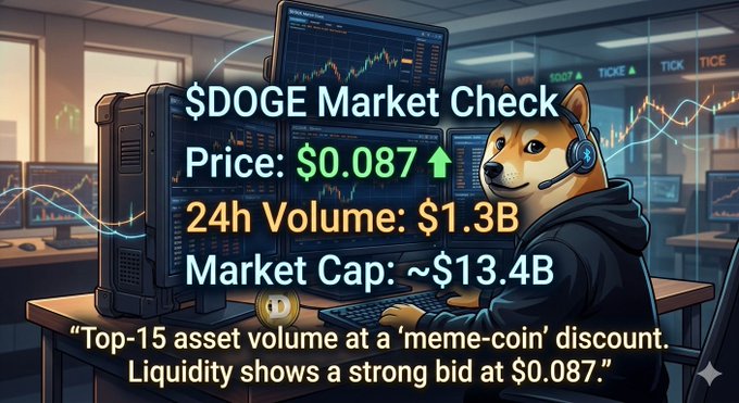 The image shows a cartoon dog sitting at a computer desk with a monitor behind him, wearing headphones that appear to be used for gaming or communication. On the computer screen, there are charts indicating fluctuations in the stock market. The background of the image also displays an office environment with a window overlooking it. A caption above the computer screen reads "$DOGE Market Check Price: $0.087", "24h Volume: 1.3B", and "Market Cap: $13,340b".