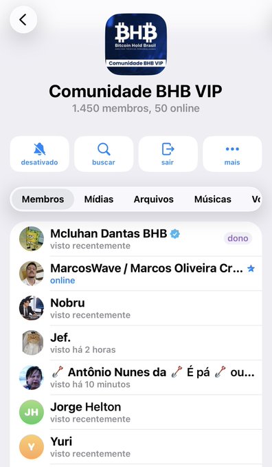 A Telegram community page for 'Comunidade BHB VIP' showing 1,450 members and 50 online, with tabs for Membros, Mídias, Arquivos, and Músicas, listing members like Mcluhan Dantas BHB, MarcosWave, and Nobru.