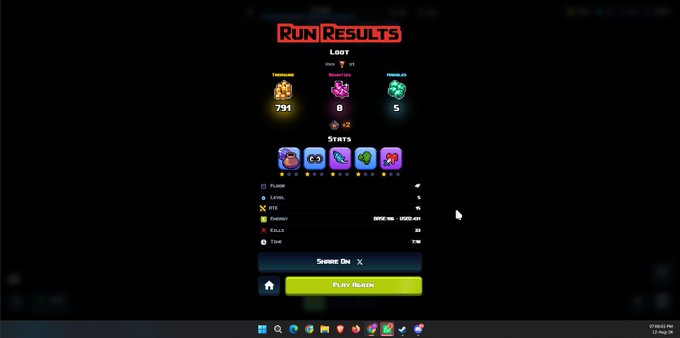 A 'Run Results' screen from a video game showing loot (791 treasure, 0 monster parts, 5 medals) and stats including 4 floors cleared, 3 cards used, 0 damage, 25 kills, and a 7:06 time.
