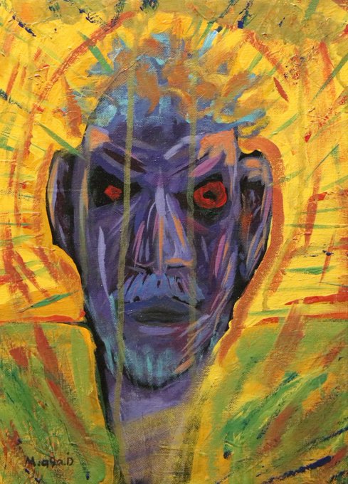 An expressionist oil painting of a purple-faced figure with striking red eyes against a vibrant yellow background, signed 'MOKAD' in the lower left corner.
