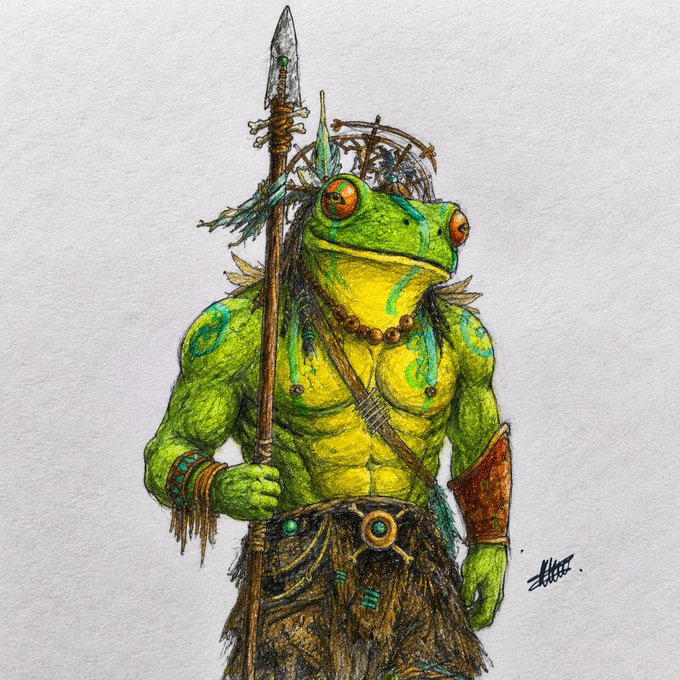 An illustration of a muscular, anthropomorphic frog warrior with green and yellow skin, holding a spear adorned with feathers and wearing tribal accessories like a beaded necklace and a wooden loincloth with a glowing green gem. The image ties thematically to the post, using the frog warrior as a cryptic symbol for bold predictions and mysterious outcomes.