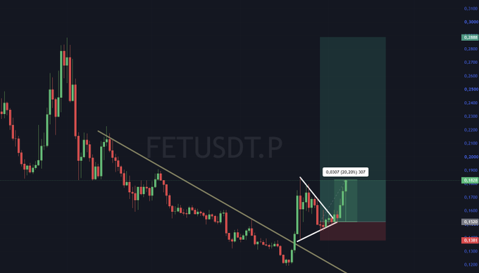 A candlestick price chart of FETUSDT.P showing the cryptocurrency pair's recent uptrend, with a green-shaded zone marking a +20.29% gain (0.0307) from the highlighted entry setup area, visually confirming the momentum and bullish move described in the post.