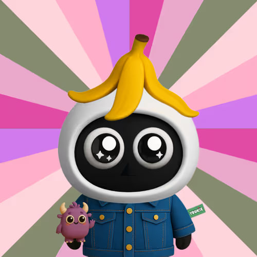 A 3D-rendered character with a large round head wearing a banana peel, a denim jacket with a 'JUICE' patch, holding a small purple monster toy against a colorful pink, green, and purple starburst background.