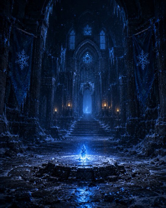 A dark, gothic fantasy castle interior with blue glowing banners featuring snowflake symbols, leading to a stone throne with a glowing blue crystal on the steps in the foreground.