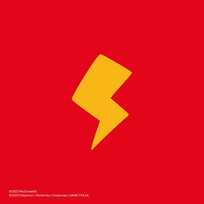 A yellow Pikachu-inspired lightning bolt is centered on a bold red background, with small text reading "©2023 McDonald's" and "©2023 Pokémon / Nintendo / Creatures / GAME FREAK" in the lower left corner. The energetic bolt symbol evokes the excitement of clearing the afternoon, likely referencing a McDonald's Pokémon collaboration promotion.
