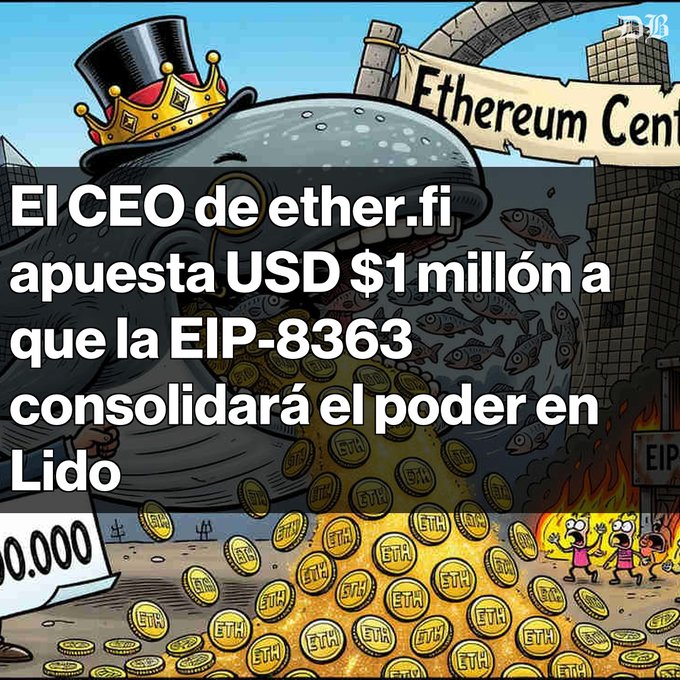 A Spanish-language crypto news graphic showing a cartoon whale wearing a crown with the text 'El CEO de ether.fi apuesta USD $1 millón a que la EIP-8363 consolidará el poder en Lido'.