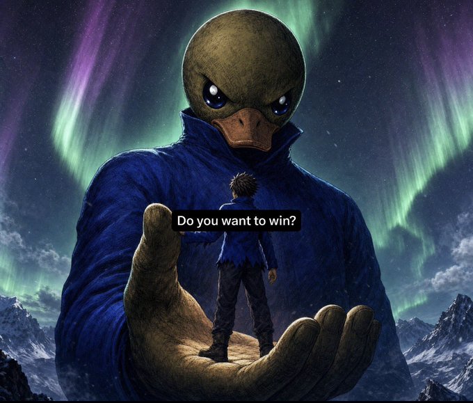 A fantastical digital illustration shows a giant duck-headed humanoid in a blue coat offering his hand to a small boy standing in his palm against an aurora-lit night sky, with the text "Do you want to win?" overlaid.