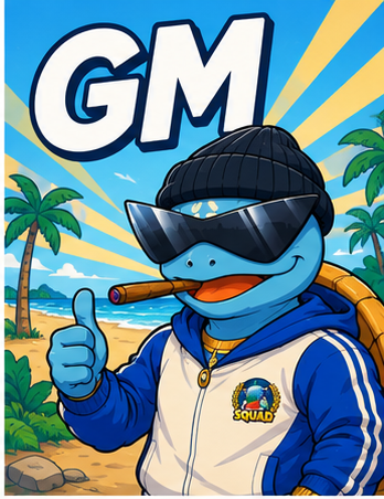 A cartoon illustration of a blue duck wearing sunglasses, a black beanie, a blue and white tracksuit, smoking a cigar and giving a thumbs-up, with 'GM' and 'SQUAD' text displayed on a tropical beach background.