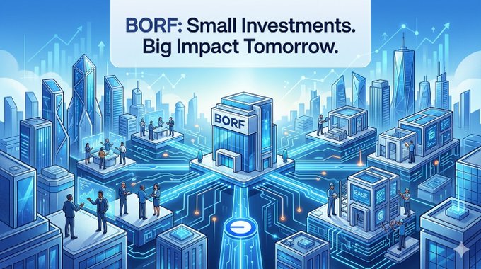 The image features a cityscape with buildings of various sizes, including one that appears to be a bank or financial institution. The text "BORF" is prominently displayed at the top of the image, while the phrase "Small investments. Big impact tomorrow." is written below it. The people in the image are depicted as individuals standing on rooftops and balconies, possibly engaged in conversation or observing their surroundings. One person can be seen holding a camera, capturing the scene. The cityscape also includes buildings with windows that reflect light, adding depth to the image.