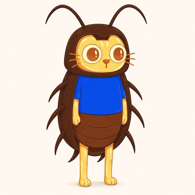 A cartoon illustration of an anthropomorphic cockroach or bug character with large brown eyes, antennae, and a blue shirt standing against a white background.