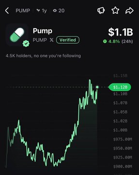 A mobile screenshot from a crypto tracking app displays the Pump (PUMP) token profile, showing a current price of $1.12B, a market cap of $1.1B, and a 4.8% gain over the last 24 hours, with a green price chart illustrating its recent upward trend.