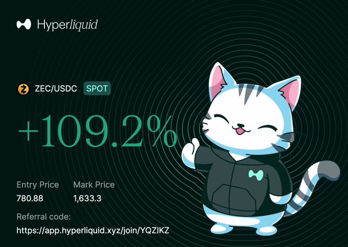 A promotional graphic for Hyperliquid showing a ZEC/USDC spot trade with a +109.2% gain, featuring a smiling cartoon cat mascot and entry price 780.88, mark price 1,633.3.