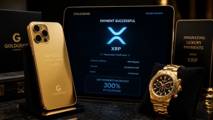 The image features a gold watch, a gold cell phone case, and a gold tablet computer with an XRP logo displayed on its screen. The objects are arranged next to each other, suggesting that they might be part of a luxury collection or showcase for high-end tech products.