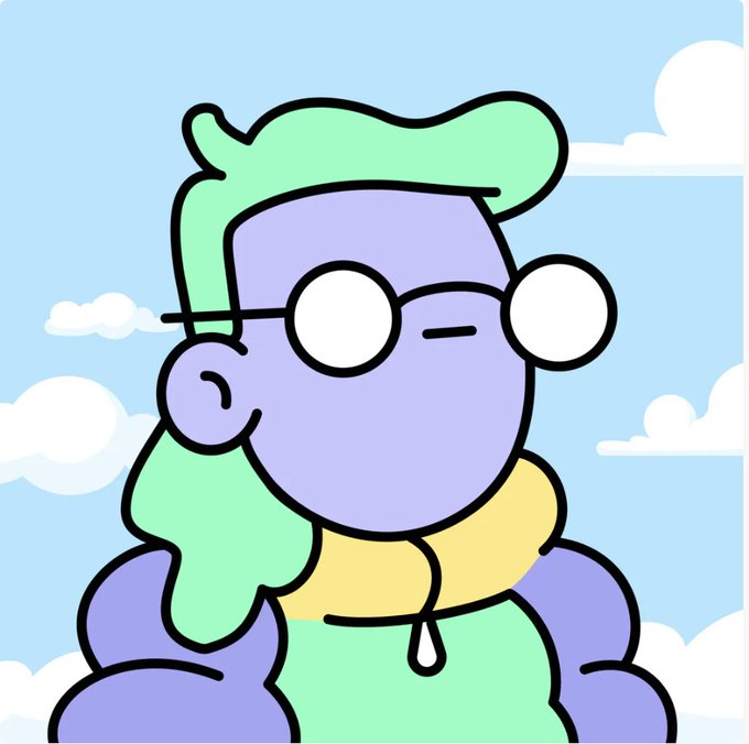 A cartoon illustration of a purple-skinned Doodle character with green hair, round glasses, and a yellow hoodie set against a blue sky with clouds, representing the NFT collection mentioned in the accompanying post about Doodles available for sale or trade on OpenSea and Blur.