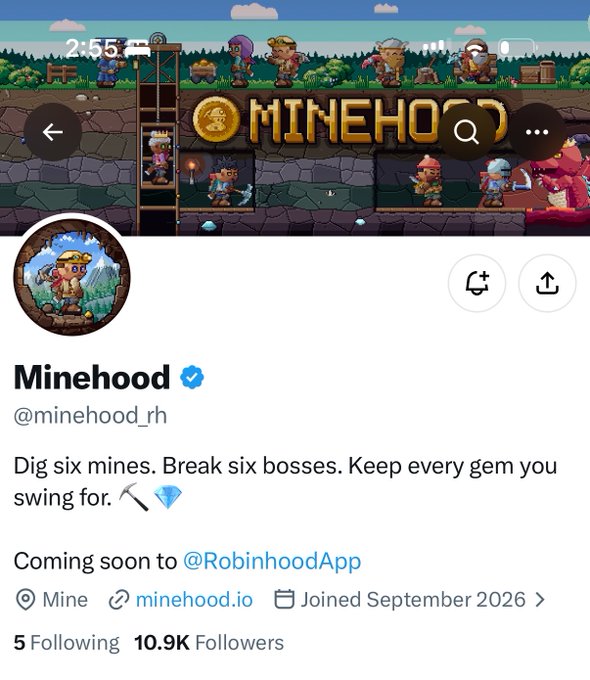A screenshot of the verified “Minehood” (@minehood_rh) profile shows its game banner and the post: “Dig six mines. Break six bosses. Keep every gem you swing for. ⛏️💎,” with “Coming soon to @RobinhoodApp,” 10.9K followers, and five following. It illustrates the profile being referenced in the caption asking who needs @minehood_rh spots.