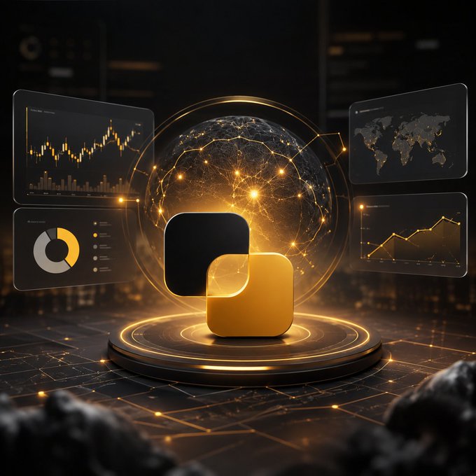A digital graphic featuring a glowing golden globe surrounded by floating holographic data screens displaying charts, a world map, and analytics, with a prominent app icon in the center.