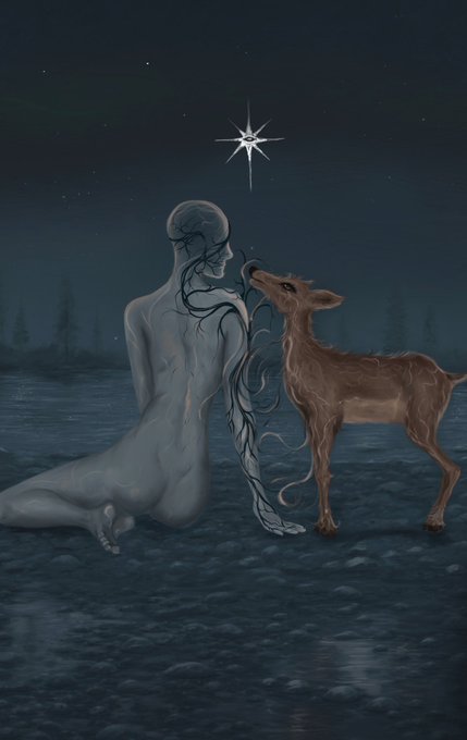 A luminous, vein‑like figure sits beside a deer under a starry night, their heads touching as a radiant star shines above. The scene reflects the title “Gm Beyond the Vessel On @manifoldxyz.”
