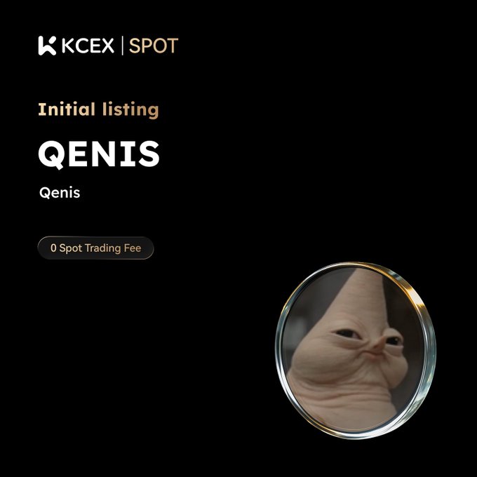 A 'KCEX | SPOT' listing announcement for 'QENIS' notes '0 Spot Trading Fee', accompanied by a circular image of a hairless cat.