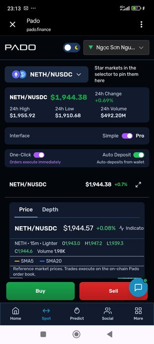 Screenshot of the Pado finance app showing the NETH/NUSDC trading pair at $1,944.38 with a 0.7% gain, featuring Buy and Sell buttons.