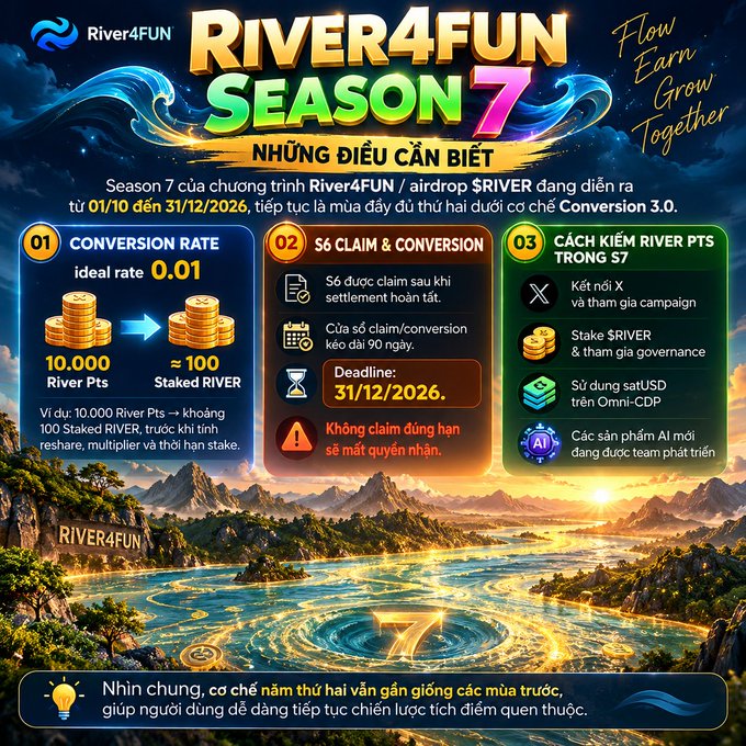 A promotional graphic for 'River4Fun Season 7' with text in Vietnamese detailing conversion rates, claim procedures, and River Points staking in the Conversion 3.0 program.