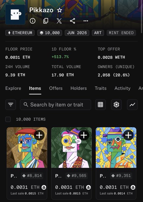 OpenSea NFT marketplace page for the Pikkazo collection on Ethereum, showing 10,000 items, a floor price of 0.0031 ETH, 24H volume of 9.39 ETH, and 2,058 unique owners.