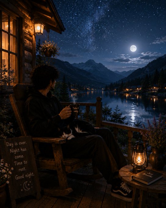 A nighttime scene of a person relaxing on a wooden cabin porch with a cat in their lap, holding a mug, looking out over a calm lake surrounded by mountains under a starry sky with a full moon; a wooden sign reads "Day is over. Night has come. Time to rest. Good night."