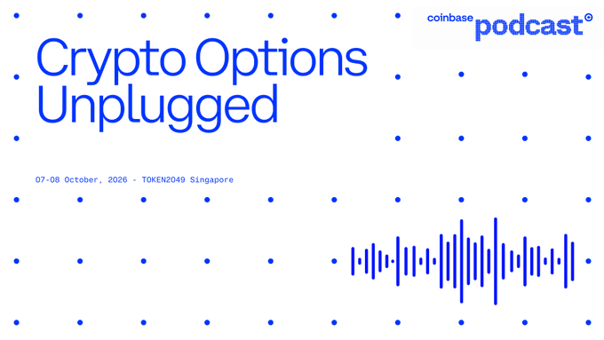 Promotional graphic for Coinbase's "Crypto Options Unplugged" podcast tour stop at TOKEN2049 Singapore on October 7-8, 2026, featuring a blue dotted background with a sound wave graphic and the event details.