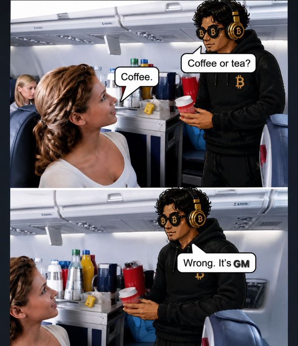 A two-panel meme featuring a person dressed as Michael Jackson with Bitcoin logos offering coffee or tea to a passenger, who answers 'Coffee', to which the Bitcoin-themed character responds 'Wrong. It's GM'.