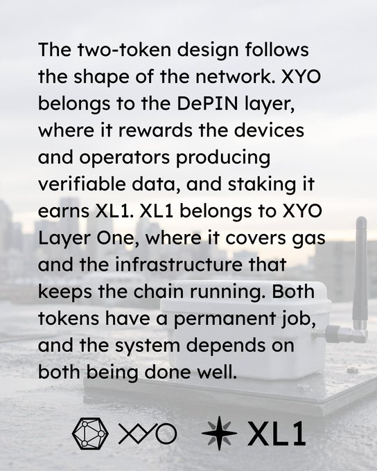 An informational graphic explains the XYO/XL1 two-token design for the DePIN layer, with text describing how XYO rewards data-producing devices and XL1 covers gas and infrastructure, displayed over a background image of a device with an antenna.
