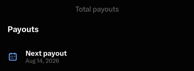 A dark interface screen titled "Total payouts" showing a "Next payout" scheduled for Aug 14, 2026.