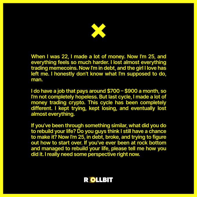 A black graphic with yellow border features a testimonial-style post about losing money trading memecoins and crypto, ending with "I really need some perspective right now," branded with the Rollbit logo at the bottom.