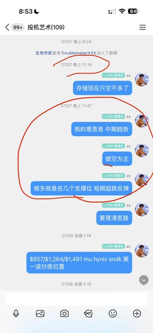 Screenshot of a Chinese chat group conversation (投资艺术) showing messages discussing market trends, support levels, and short-term rebound strategies, with mentions of LV000 user and stock/index discussions.