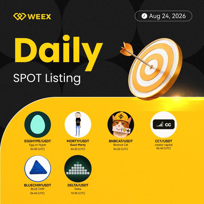 A 'Daily SPOT Listing' promotional image for WEEEX dated Aug 24, 2026, showing various token listings including EGGHYPE/USDT, MORTY/USDT, BNBCAT/USDT, CC1/USDT, BLUECHIP/USDT, and DELTA/USDT with their scheduled times.