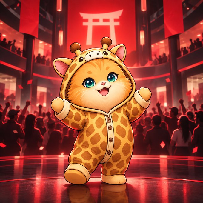 A digital illustration of an adorable orange kitten wearing a giraffe-patterned hooded onesie, standing on a stage with a crowd in the background and a Japanese torii gate visible in red lighting.