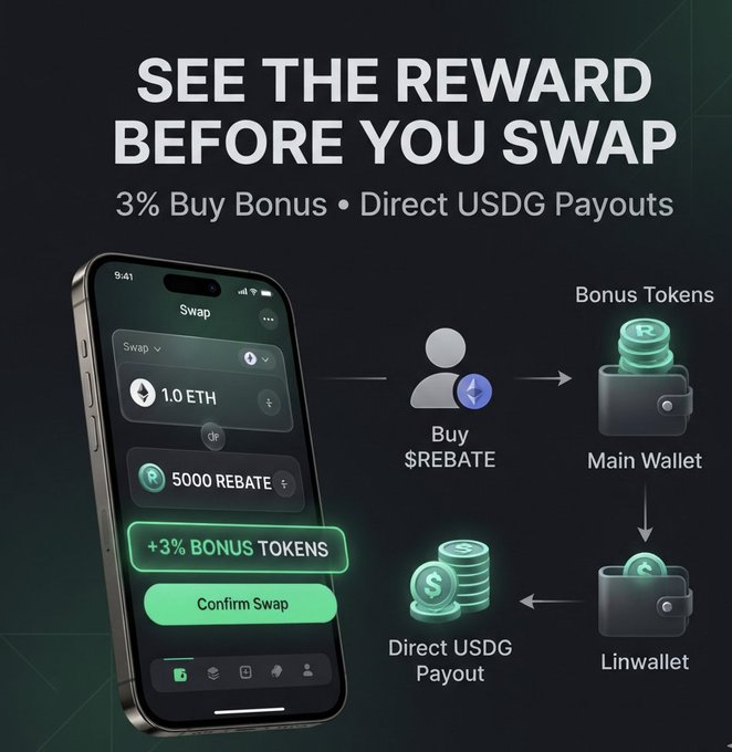A promotional crypto graphic says “SEE THE REWARD BEFORE YOU SWAP,” “3% Buy Bonus • Direct USDG Payouts,” and illustrates a phone swap screen alongside “Bonus Tokens,” “Main Wallet,” “Linwallet,” and “Direct USDG Payout.”