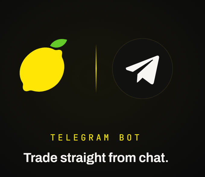The image shows a black promotional graphic featuring a yellow lemon logo on the left and the white Telegram paper plane logo on the right, separated by a vertical line. Below the logos, the text reads "TELEGRAM BOT" in yellow and "Trade straight from chat." in white, advertising the upcoming Lemon Trading bot that will allow users to trade directly through Telegram.