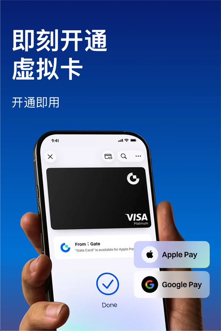 The image shows a hand holding a smartphone displaying a black Gate virtual Visa Platinum card with a "Done" checkmark, alongside Apple Pay and Google Pay logos. Chinese text reads "即刻开通虚拟卡" (Activate Virtual Card Now) and "开通即用" (Ready to Use), supporting the post's message about Gate Card's seamless integration with mobile payment platforms after completing KYC.