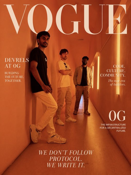 A Vogue-style magazine cover titled 'VOGUE' shows three men in a warmly lit hallway with text reading 'DEVRELS AT OG', 'CODE. CULTURE. COMMUNITY.', 'WE DON'T FOLLOW PROTOCOL. WE WRITE IT.', and 'OG THE INFRASTRUCTURE FOR A DECENTRALIZED FUTURE.'