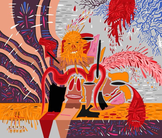 An abstract, surreal digital illustration featuring vibrant red, orange, blue, and purple organic shapes, distorted faces, and flowing patterns against a gray background.