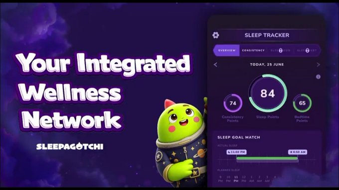 A green mascot character in a space-themed outfit stands beside a "Sleep Tracker" app interface showing an 84 sleep score, 74 consistency points, and 65 bedtime points for June 25th, promoting the SLEEPAGOTCHI wellness network that turns health data into a valuable digital asset powered by the $SLEEP token.